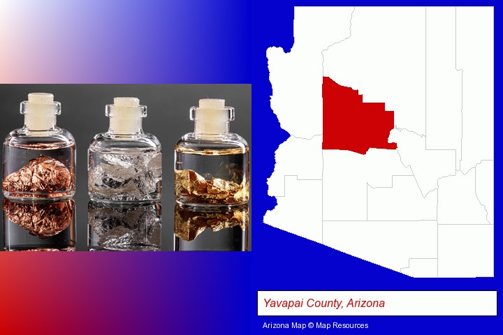 gold, silver, and copper nuggets; Yavapai County, Arizona highlighted in red on a map