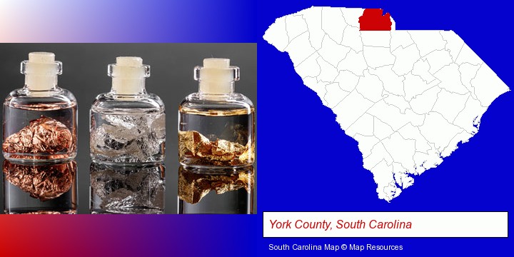 gold, silver, and copper nuggets; York County, South Carolina highlighted in red on a map