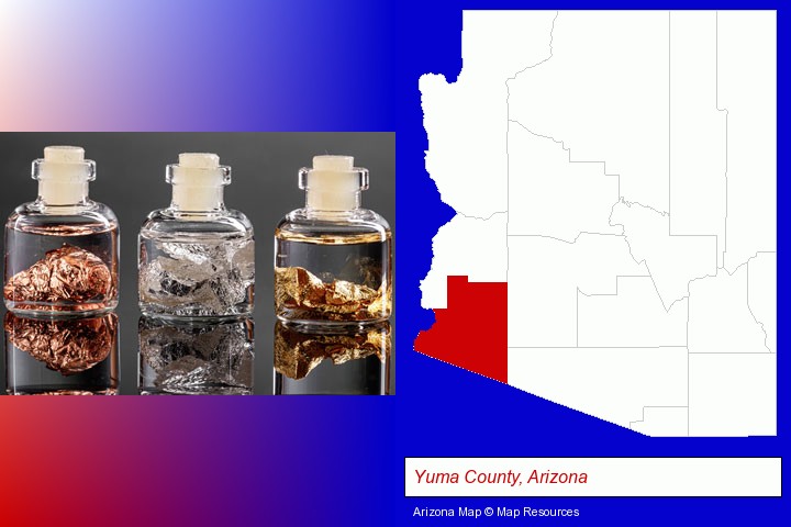 gold, silver, and copper nuggets; Yuma County, Arizona highlighted in red on a map